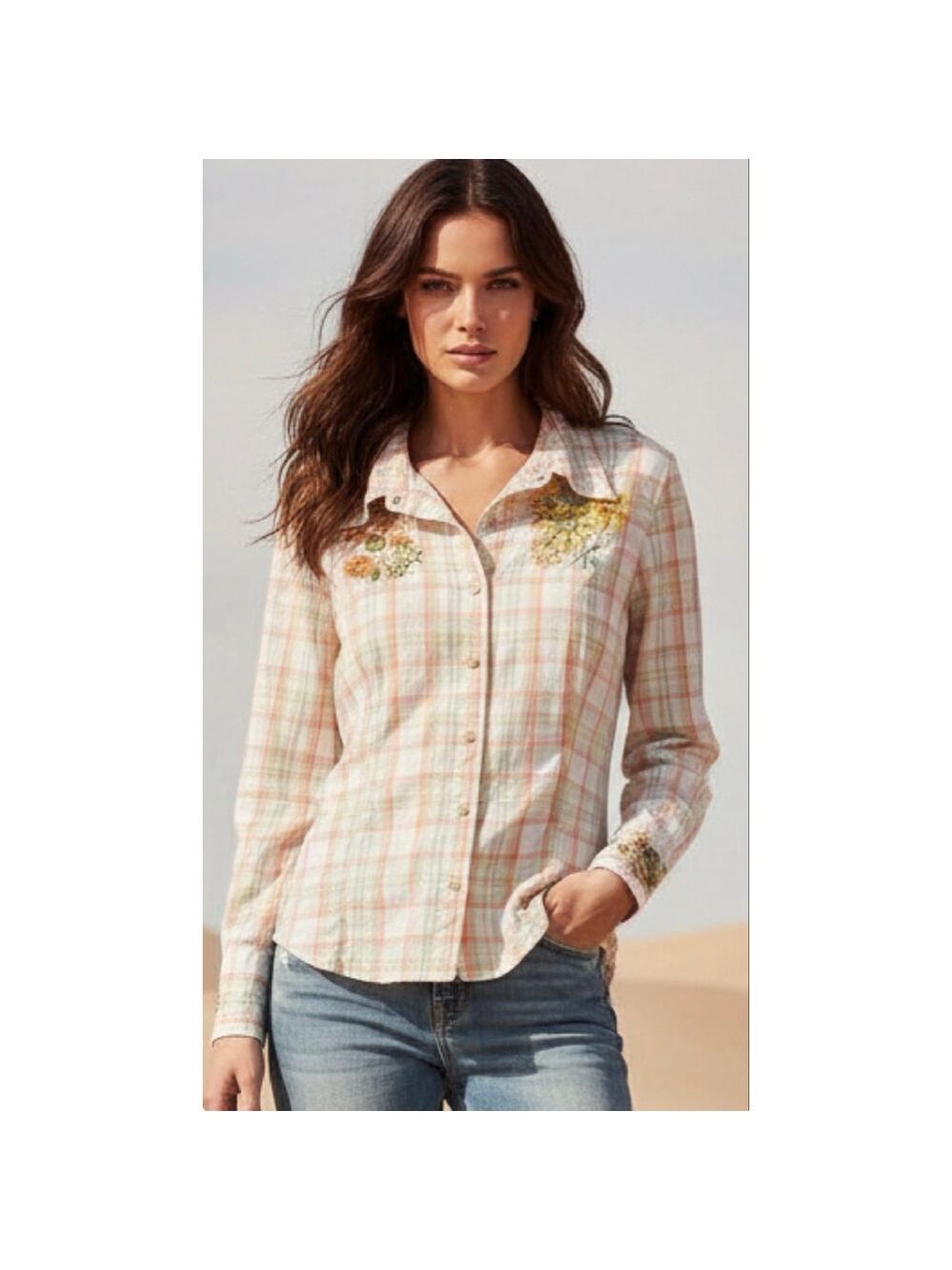 Cruel Girl Plaid Embroidered Button Down Shirt M (20.5” PTP) White Orange